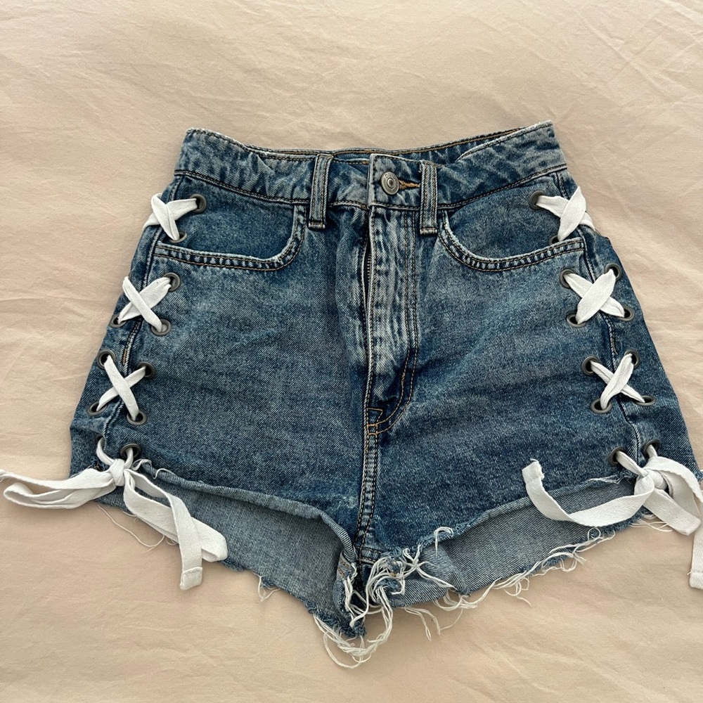 H&M Blue High Waist Distressed Denim Shorts